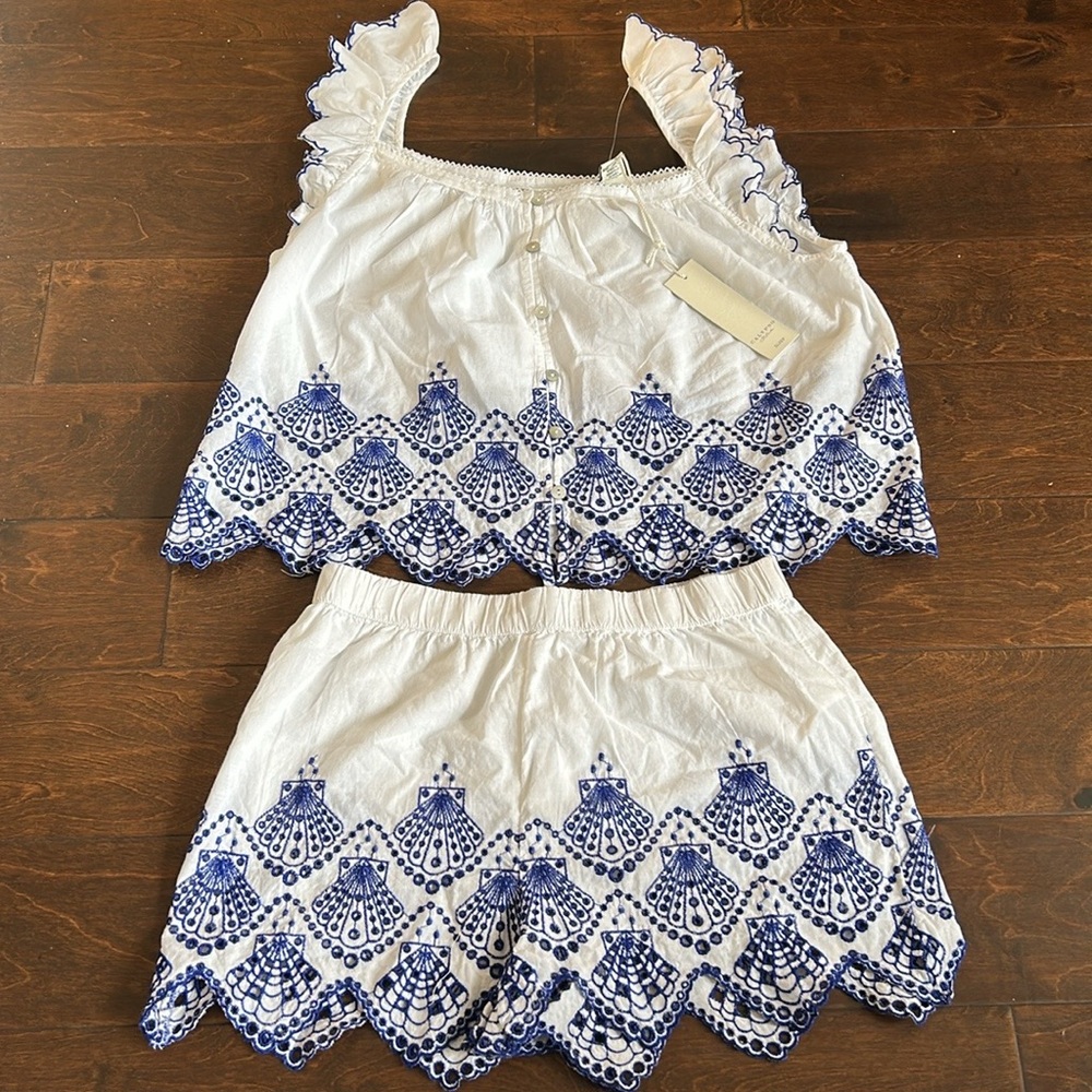 Calypso Womens Blue White Pajama Set Shorts Top New Embroidered Cotton